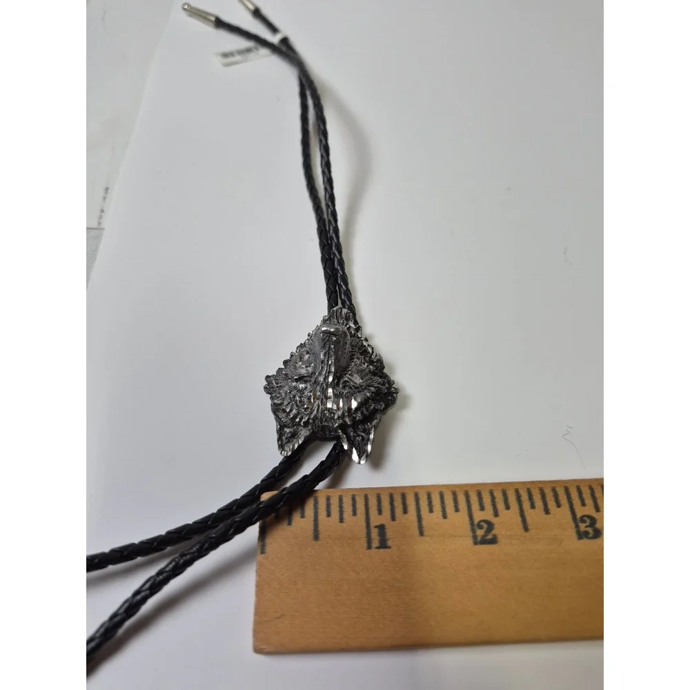 Western Express Wolf Head Bolo Tie Black Braided Cord Pewter Tone BT-375 USA